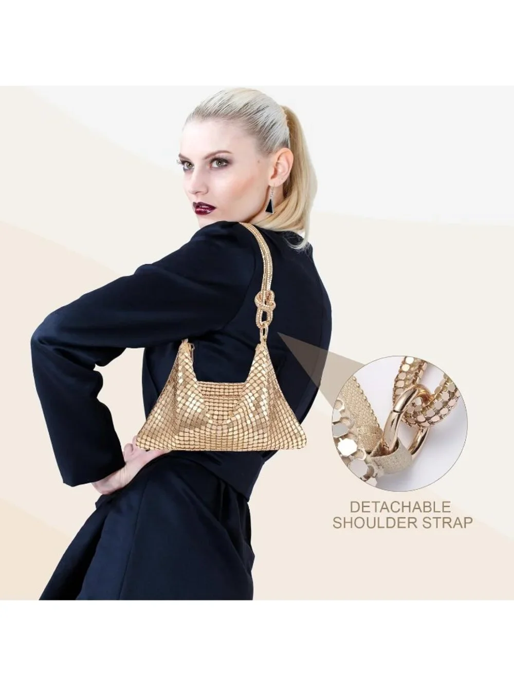 Women Gold Rhinestone Evening Sparkly Crystal Slouchy Shoulder Clutch Purse